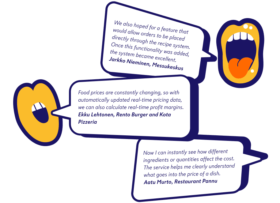 Cartoon speech bubbles with customer testimonials about a restaurant management system, featuring stylized mouth icons.