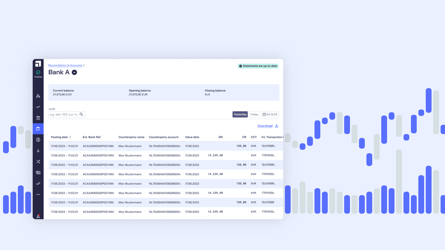 Banking interface showing account reconciliation for Bank A with current balance of 21,975.90 EUR and transaction history.