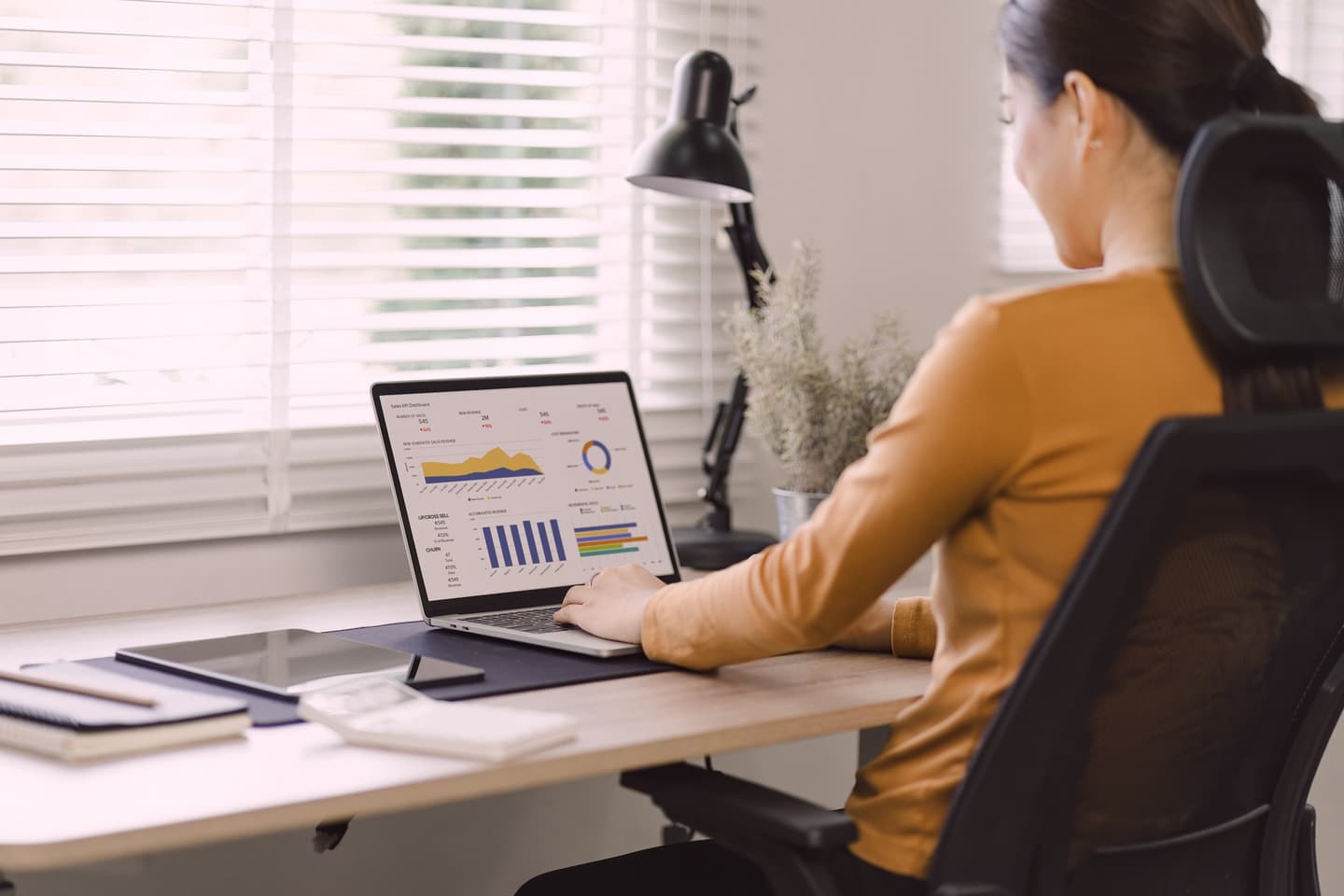 Back view of a person working on a laptop at a window-side desk
