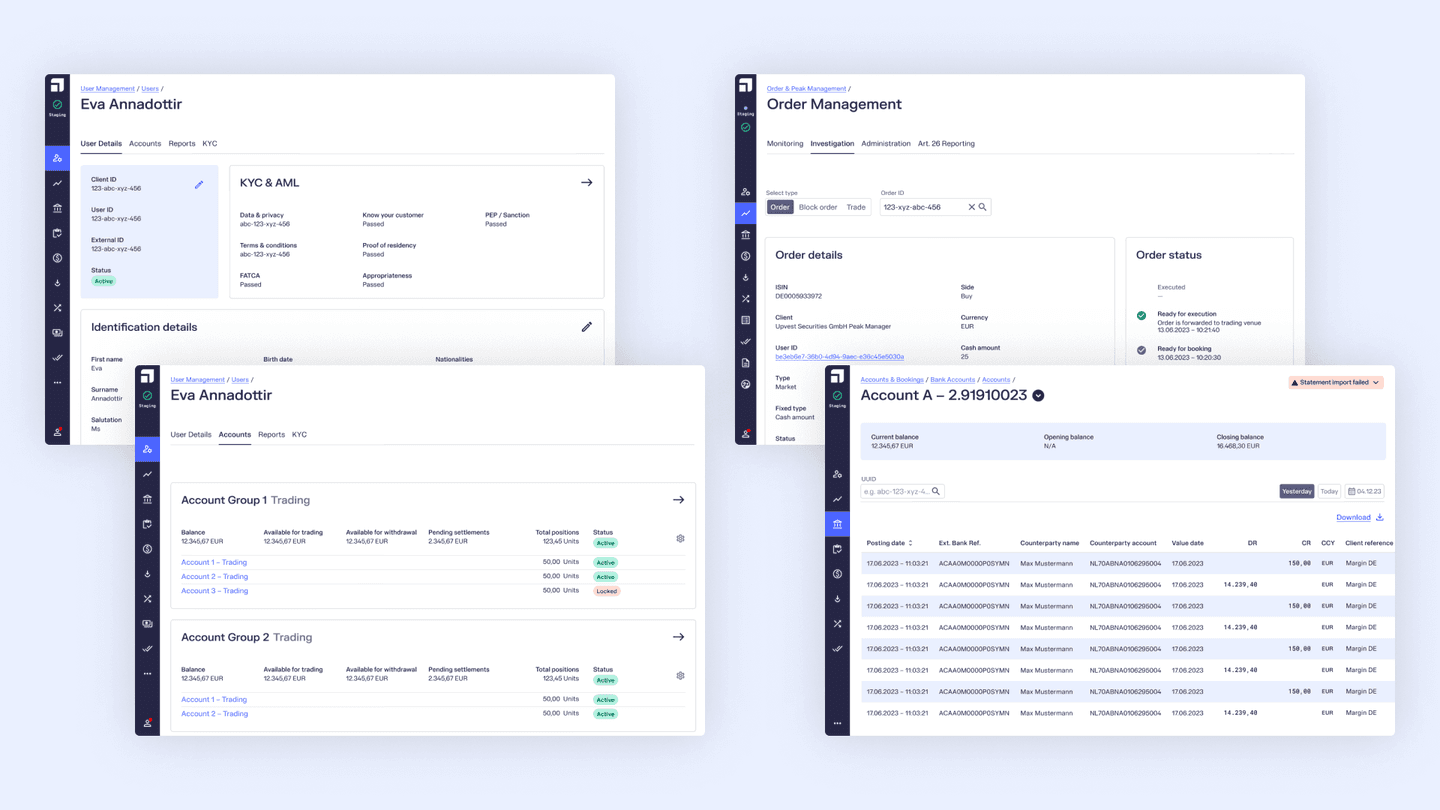 Financial management interface showing user profile, KYC verification, account details and order management screens.