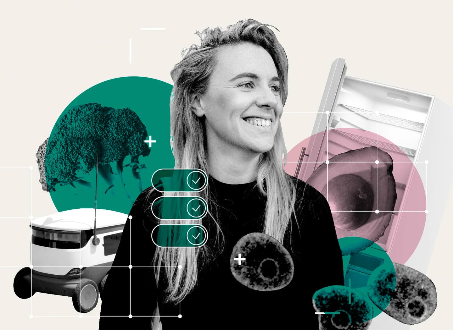 Smiling woman in black with modern design elements featuring teal and pink circles, broccoli imagery, and tech graphics.