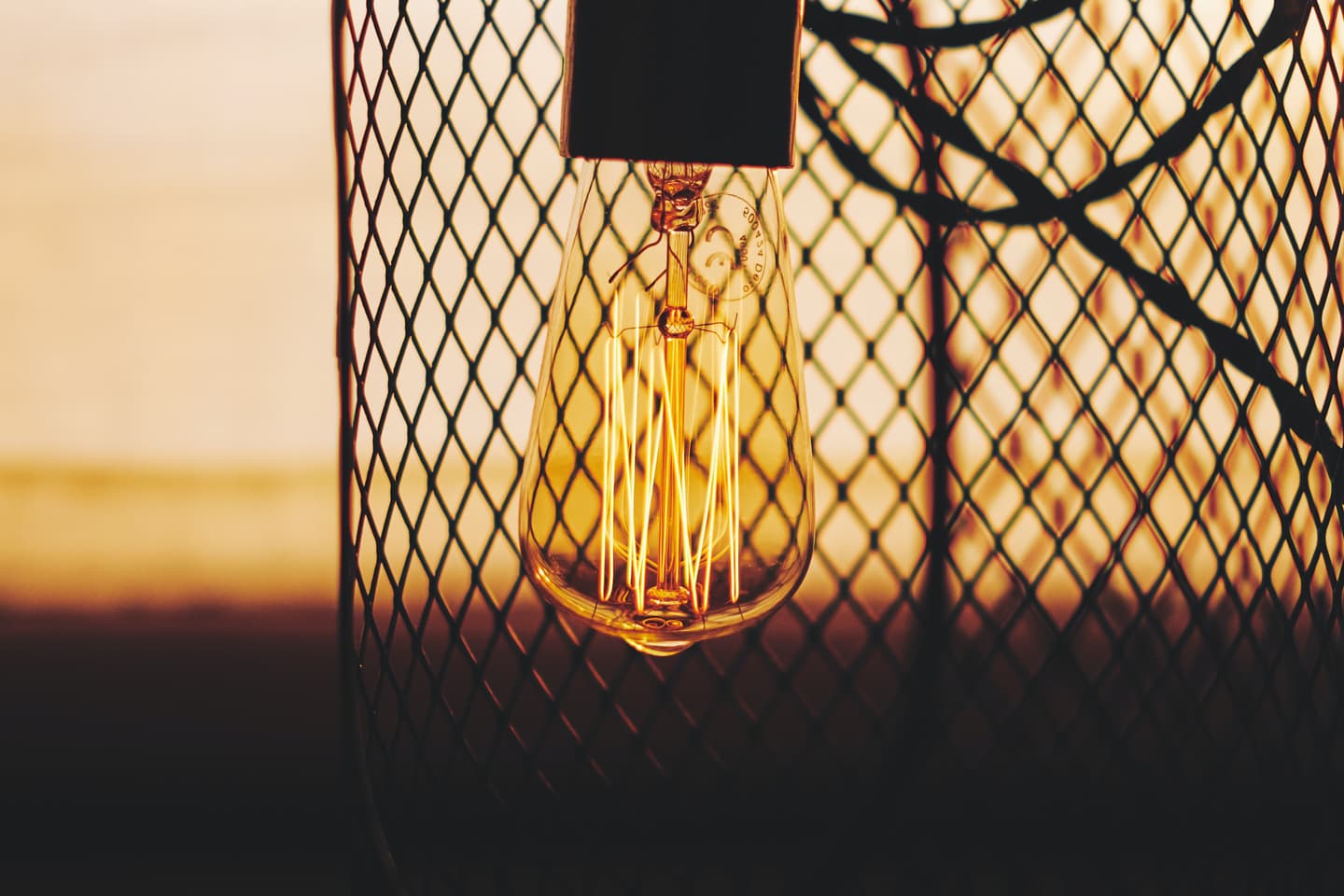 Vintage Edison light bulb with glowing filament hanging against wire mesh backdrop in warm amber lighting.