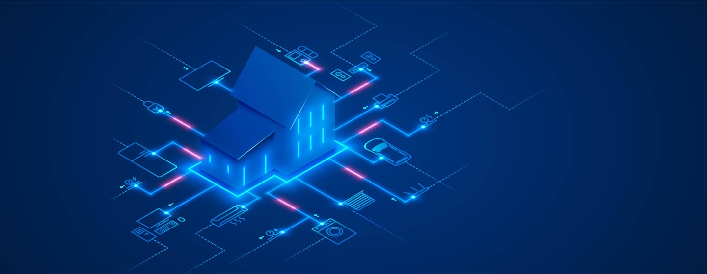 Futuristic blue 3D building connected to digital icons with glowing blue and pink network lines on dark background.