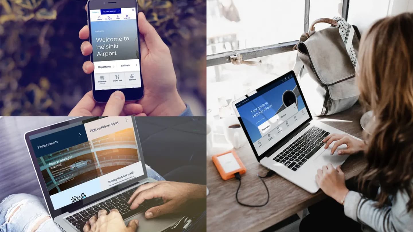 Helsinki Airport digital services shown on smartphone and laptops, displaying flight information and airport guides.
