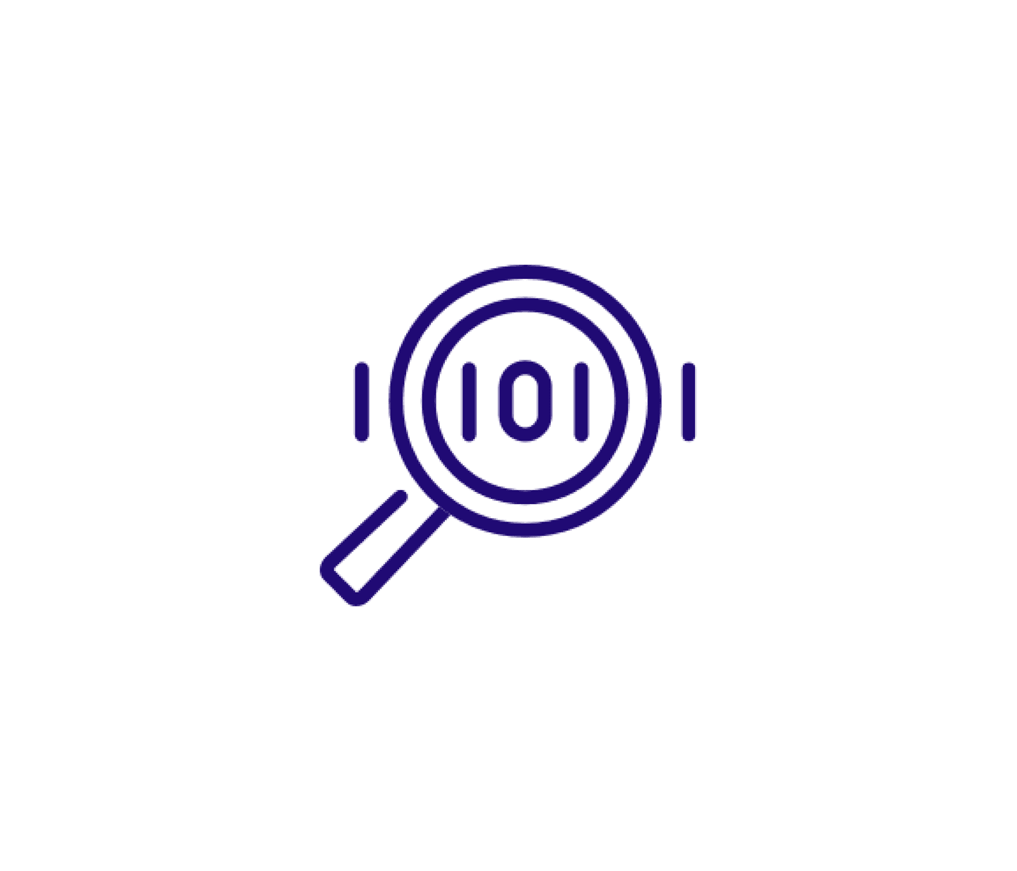 Purple line icon of a magnifying glass with sound waves or audio symbol inside, representing audio search functionality.