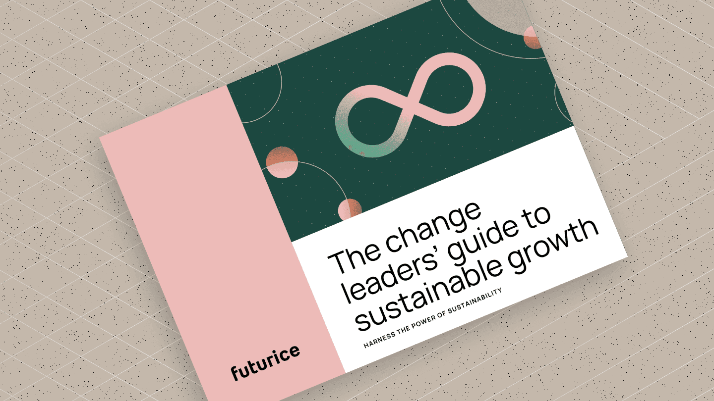 Modern business guide cover with infinity symbol on green background and "The change leaders' guide to sustainable growth" title.