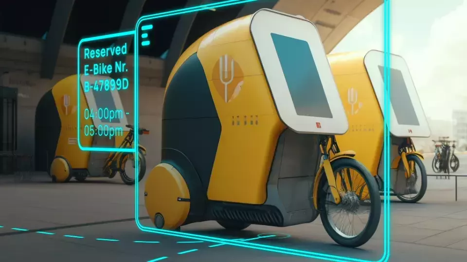 Yellow e-bike delivery pods with digital displays parked in a row, one reserved from 4-5pm with glowing blue interface.