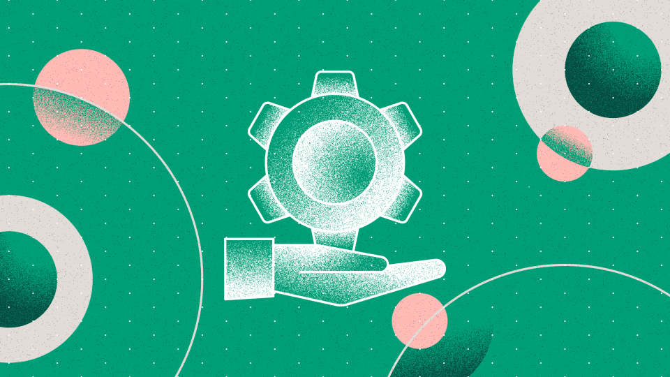 Stylized illustration of a hand holding a gear icon on a green background with pink and white circular shapes.