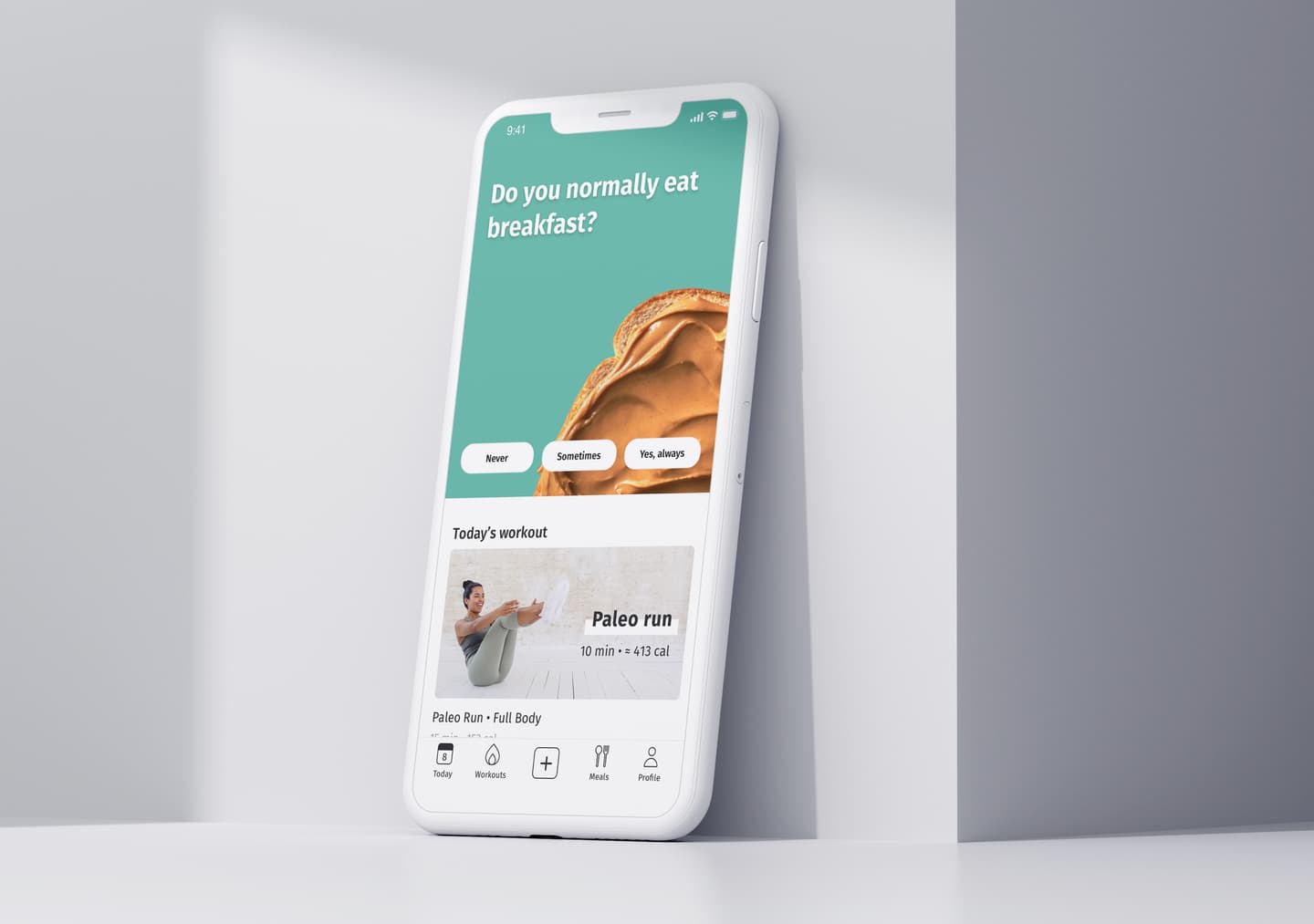 White smartphone displaying a fitness app with breakfast survey and workout recommendation for a 10-minute Paleo run.