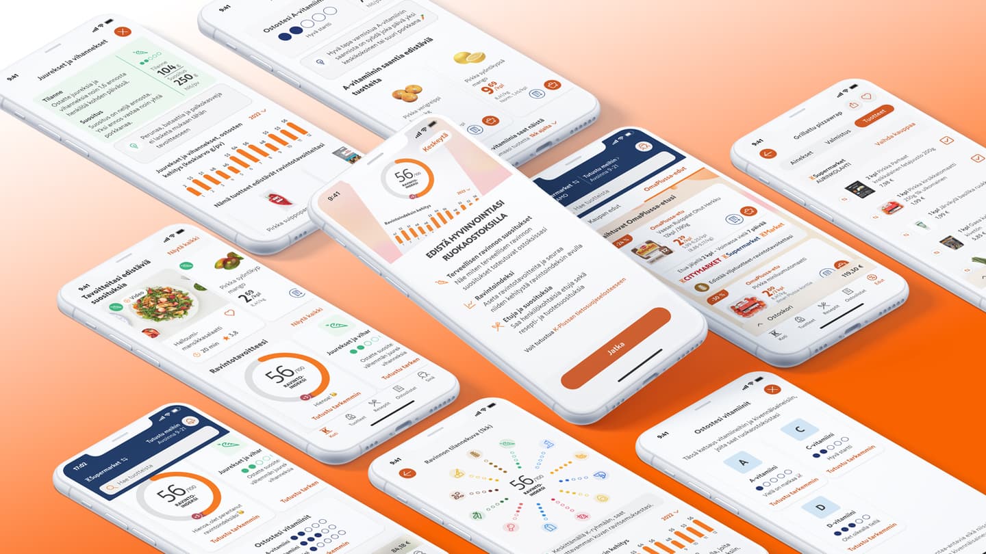 Multiple smartphone screens displaying a nutrition tracking app with food data, charts and meal planning features on orange background.