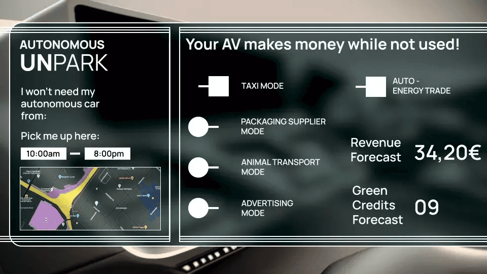 Autonomous vehicle interface showing UNPARK scheduling and revenue-generating options while car is not in use.